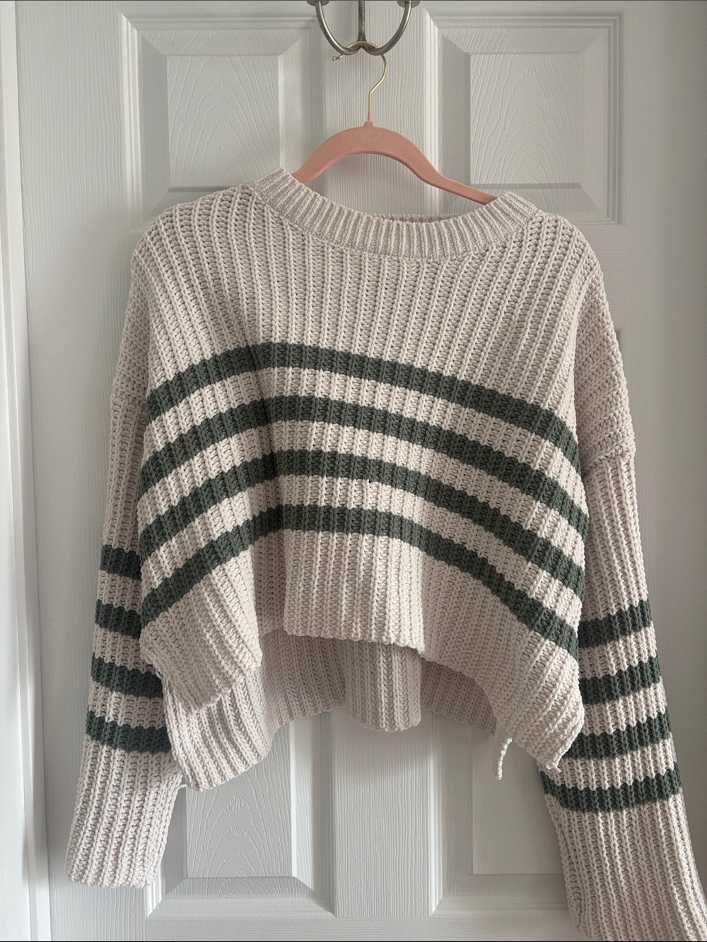 Women's Cream Striped Cropped Sweater